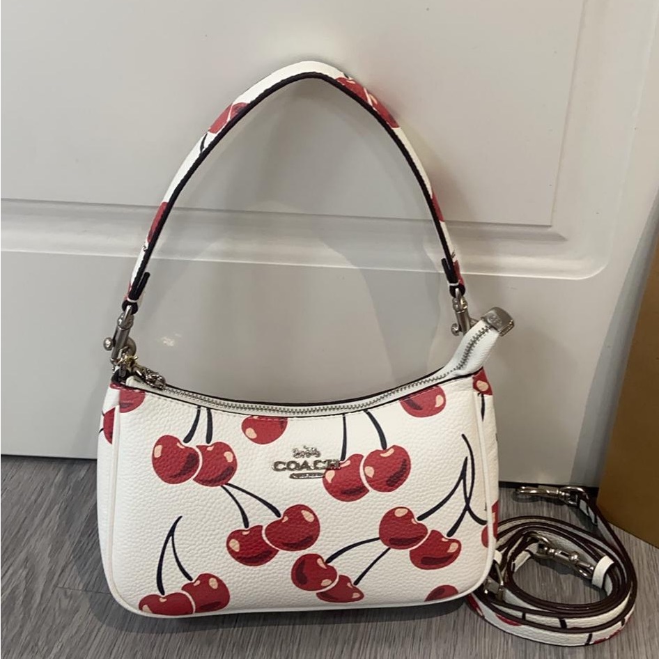 Coach White Leather Shoulder Bag With Red Cherry Print